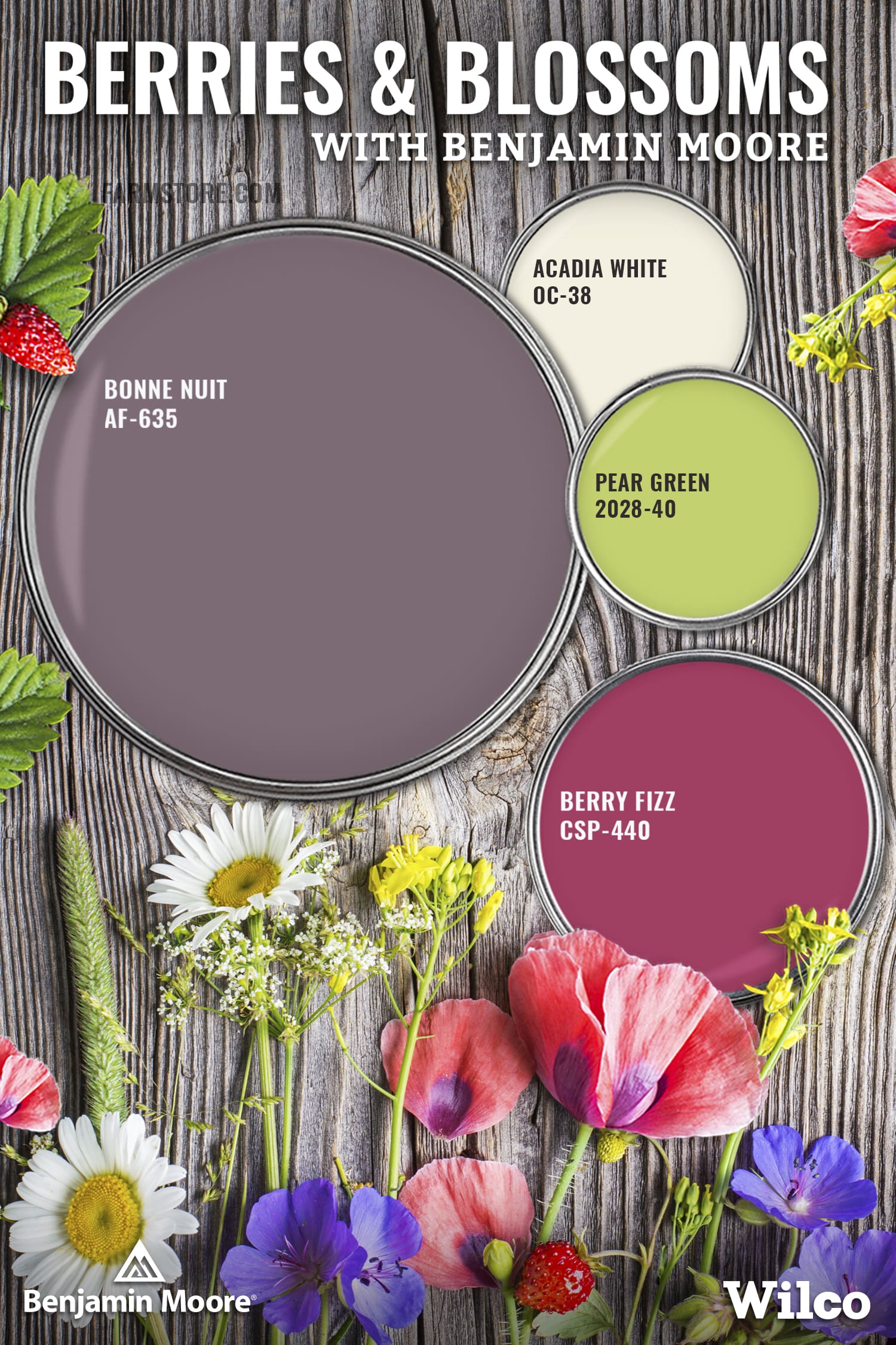 composite of paint can lids with wild flowers and strawberries on barn wood